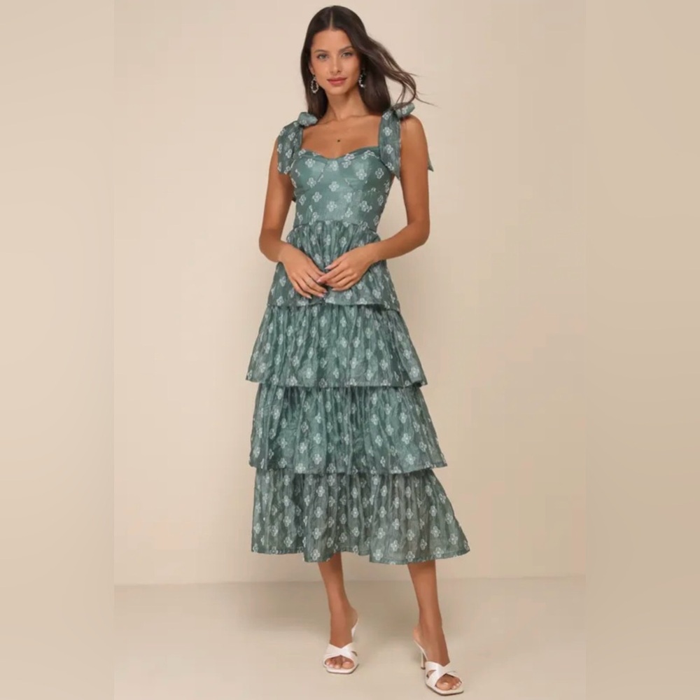 Lulu’s Gorgeous Excellence Teal Green Floral Burnout Tiered Midi Dress